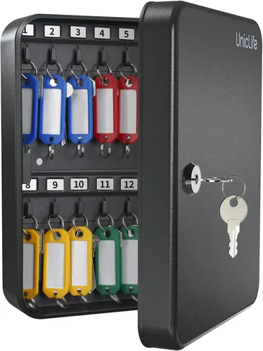 Vista 14 de Uniclife Gabinete de llaves de 20 posiciones con cerradura de llave montada en la pared, caja de almacenamiento de seguridad negra, organizador