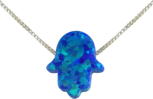 Vista 2 de aJudaica collar con colgante de la mano de Hamsa, ópalo creado azul, con cadena de plata de ley