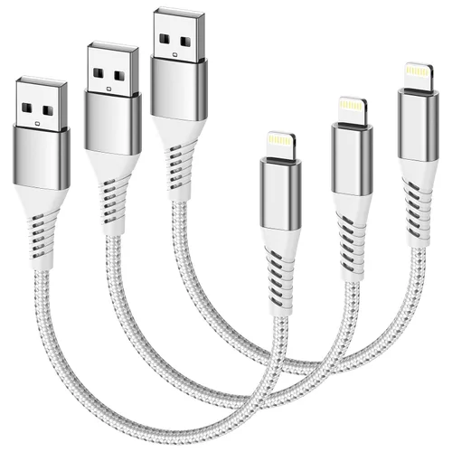 Vista 7 de Cable de carga corto para iPhone de 6 pulgadas, paquete de 3 cables USB a Lightning de 0.5 pies trenzados para iPhone 14, 13, 12, 11 Pro Max, Xs 8
