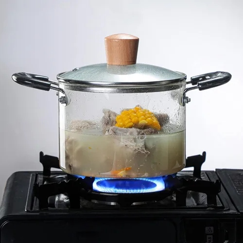 Vista 4 de Cacerola de vidrio con tapa, resistente al calor, olla de cocina de vidrio de borosilicato de madera con doble asa, cristalería transparente