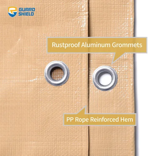 Vista 4 de GUARD SHIELD Lonas resistentes impermeables beige Plus + 8 x 10 pies grandes de 12 mil Lona para exteriores bronceada con ojales, plástico