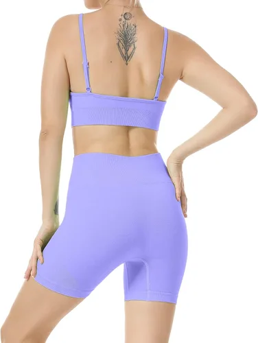 Vista 4 de JNINTH - Conjunto de yoga sin costuras para mujer, 2 piezas, brasier deportivo de entrenamiento, con pantalones cortos de cintura alta