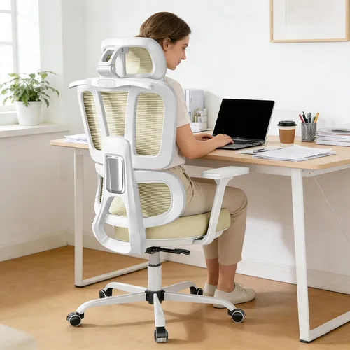 Vista 7 de Silla de oficina con respaldo alto, silla de escritorio de malla, silla ergonómica para computadora con reposacabezas, reposabrazos ajustables 3D