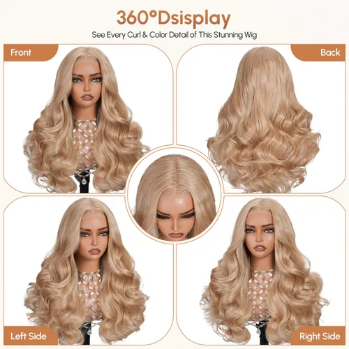 Vista 4 de Peluca de cabello sintético rubio de 13 x 6, con encaje frontal, sin pegamento, ondulado, rubio prearrancado, encaje transparente HD, transpirable