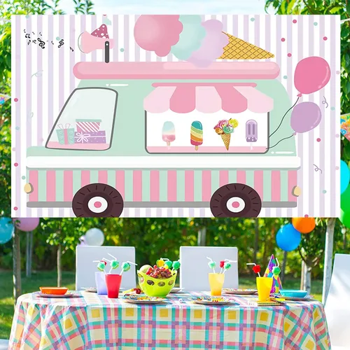 Vista 5 de Cartel de fondo con temática de camión de helados, pancarta de fondo de fotografía de cumpleaños para bebés y niñas, decoración de fondo para tartas