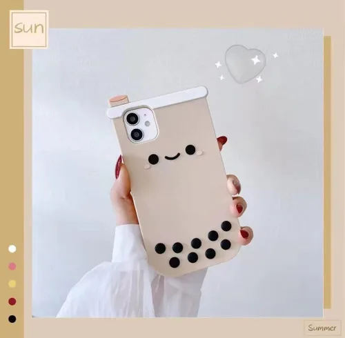 Vista 2 de Yatchen Fundas Kawaii para iPhone 7 Plus/8 Plus, lindo diseño de dibujos animados 3D Boba Milk Tea Funda de silicona suave divertida con perlas