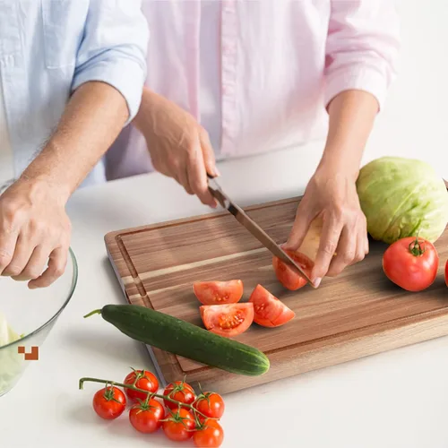 Vista 6 de Tabla de cortar de madera para cocina, tabla de cortar grande de 24 x 18 pulgadas con ranura para jugo y mango lateral, tabla de cortar, bloque