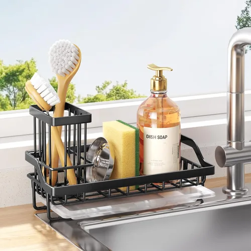 Vista 11 de Consumest Organizador para fregadero, soporte de esponja de cocina con soporte para cepillos de platos, organizador de cocina con bandeja de goteo