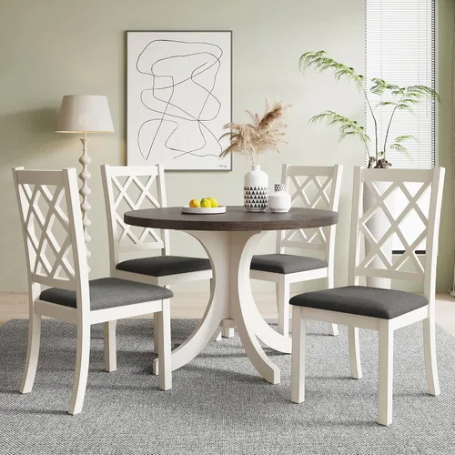 Vista 10 de Juego de mesa de comedor de madera de 5 piezas, mesa de comedor redonda extensible con 4 sillas de comedor, juego de mesa de cocina