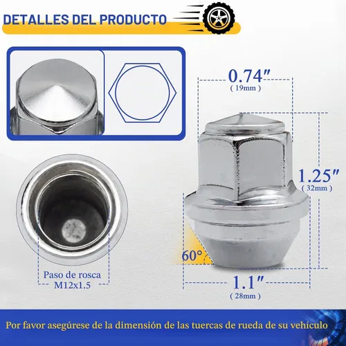 Vista 3 de 611-303 M12* 1.5 Tuerca de llanta - 3/4" 0.748 in Hex 1.260 in Longitud - Estilo de fábrica de cromo Tuerca de rueda para Ford Focus Escape Fusion