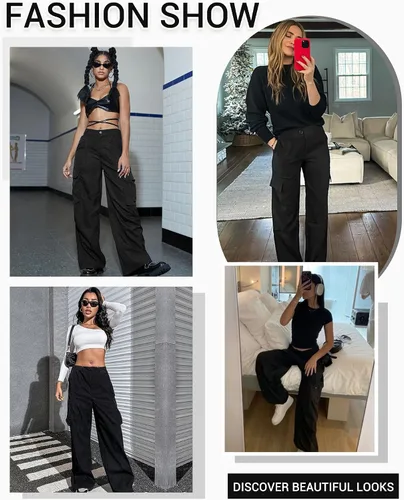 Vista 4 de DIBAOLONG Pantalones cargo para mujer, cintura alta, pantalones casuales de pierna ancha, pantalones Y2K, pantalones holgados militares, 6 bolsillos