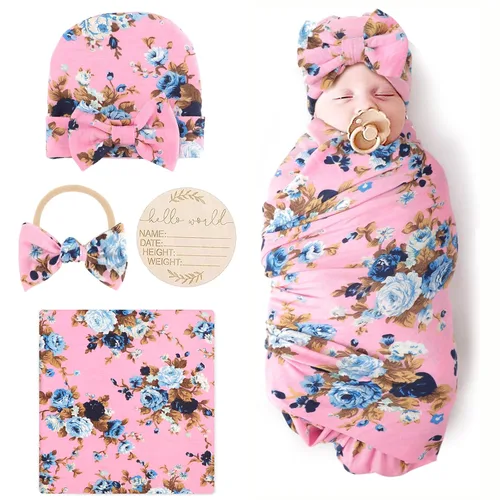 Vista 21 de DRESHOW BQUBO - Conjunto de gorro de algodón para bebé, manta para recién nacido, con orejas de oso, tarjeta de anuncio de nacimiento de madera