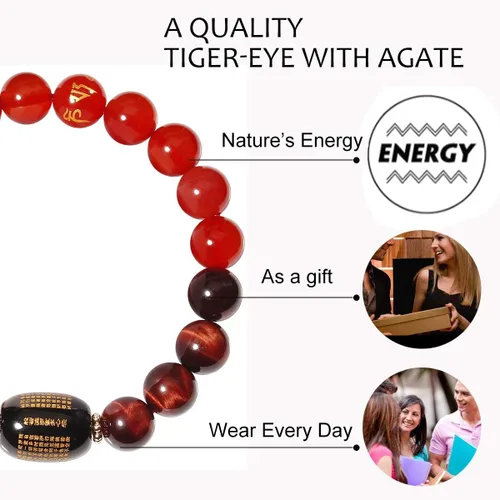 Vista 3 de Jewever Pulsera de triple protección Feng Shui, brazalete curativo, ojo de tigre, obsidiana, cuentas de ágata sutra de 0.394 in, amuleto de piedra