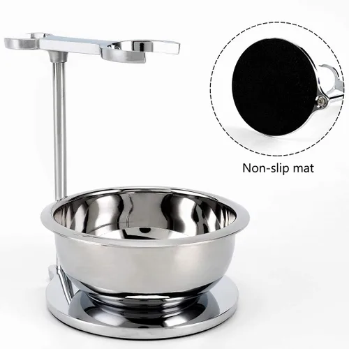 Vista 5 de Soporte de afeitado de acero inoxidable de lujo + cuenco de jabón de afeitar con cepillo de afeitar, compatible con Gillette Fusion, maquinilla