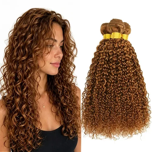 Vista 45 de P4613 Cabello humano rizado onda profunda marrón y paquetes mixtos 8 10 12 P4613 Ombre Marrón-Rubio-DP