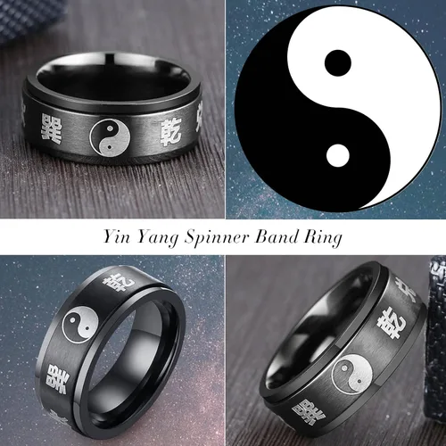 Vista 5 de Hisatan Anillo de equilibrio para hombre Tai Chi Yin Yang Bagua de acero inoxidable Taoísmo Zen Spirit Talismán banda giratoria