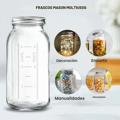 Vista 4 de Tarros Mason de boca ancha de 64 onzas con tapas, tarro de conservas hermético de vidrio resistente y banda de medio galón / 2 cuartos de galón