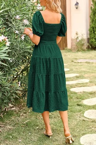 Vista 2 de PRETTYGARDEN Vestido midi casual de verano para mujer, manga abombada, lunares suizos, vestidos largos acampanados