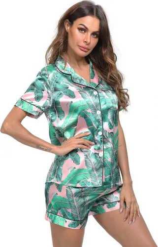 Vista 5 de SWOMOG - Conjunto de pijama de satén de seda para mujer, de dos piezas, con botones, ropa para dormir o descansar