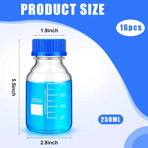 Vista 2 de Chuarry 16 botellas de vidrio para almacenamiento multimedia, 8.5 fl oz Storage Glass Bottle, Scientific Round Graduated Media Bottle, with Blue