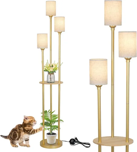Vista 10 de Lámpara de pie con estantes, lámparas de pie modernas para sala de estar, lámpara de pie de 3 luces con pantalla de lino e interruptor de pie