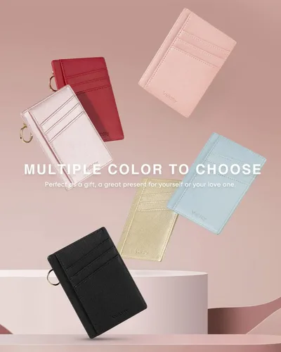 Vista 7 de Vulkitty Cartera pequeña para mujer, minimalista, delgada, bolsillo frontal, con cremallera, bloqueo RFID, tarjetero con ranura para identificación