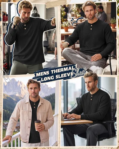 Vista 2 de Ficerd Paquete de 5 camisas de manga larga para hombre Waffle Henley Negro