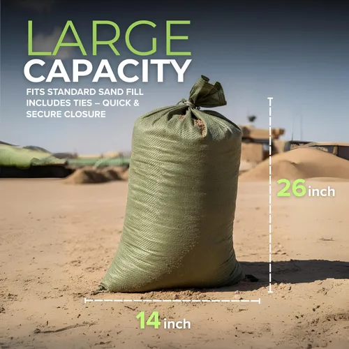 Vista 2 de Empty Sandbags Military Green with Ties 14" x 26" - Woven Polypropylene Extra Heavy Duty Sand Bags Flood Protection
