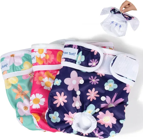 Vista 11 de Pet Soft Pañales Lavables para Hembras (Paquete de 3) Pañales para Perras, Pañales Cómodos Reutilizables para Perras en Período de Celo (Bloom, XS)