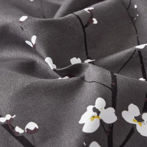 Vista 6 de WONGS BEDDING - Juego de funda de edredón floral, tamaño queen, gris oscuro, 3 piezas, ropa de cama con estampado de flores de ciruelo, con 2 fundas