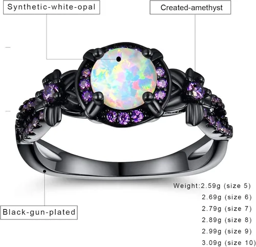 Vista 6 de Opaltop - Anillo de compromiso chapado en negro con ópalo de fuego blanco y amatista tallas 5 a 10 para niñas y mujeres latín 8 negro aro