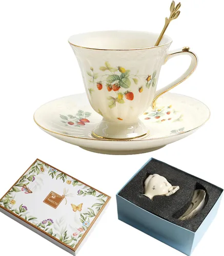 Vista 7 de Juego de taza de té y platillo de porcelana, taza de café de cerámica de 8.5 onzas líquidas con platillo y cuchara, taza de café vintage con ribete