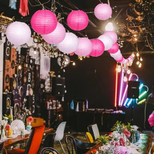 Vista 6 de Faroles de papel decorativos, faroles chinos redondos colgantes rosados con luces para compromiso, despedida de soltera, fiesta de cumpleaños, 12