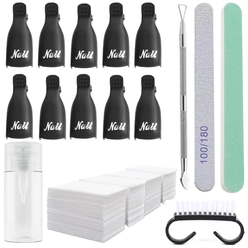 Vista 7 de Kit de removedor de esmalte de uñas de gel con 10 clips de removedor de esmalte de uñas rosa con tapa, botella dispensadora, empujador de cutículas