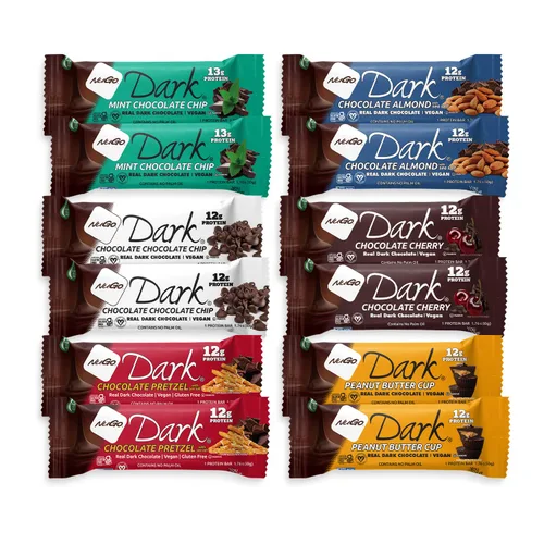 Vista 3 de NuGo Dark, caja variada de muestra, barra de proteínas veganas de 0.47-0.31 onzas, sin gluten, 12 CT