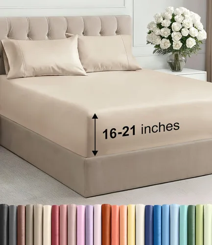 Vista 16 de Juego de sábanas tamaño Queen con bolsillos extra profundos, sábanas transpirables y refrescantes de 4 piezas, ropa de cama de lujo para hotel