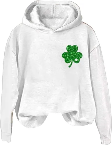 Vista 4 de Sudadera con capucha para el Día de San Patricio para mujer, diseño de trébol irlandés con bandera americana, talla grande, camisas de manga larga