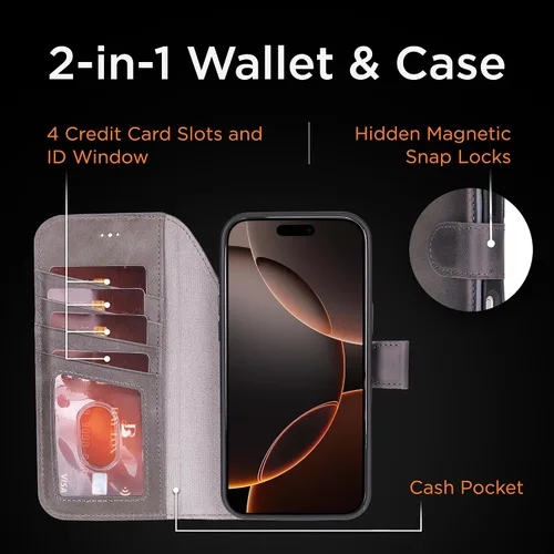 Vista 35 de Bayelon Funda tipo cartera para iPhone 15 Pro, cartera de cuero de grano completo, funda magnética desmontable, tarjetero, funda tipo cartera
