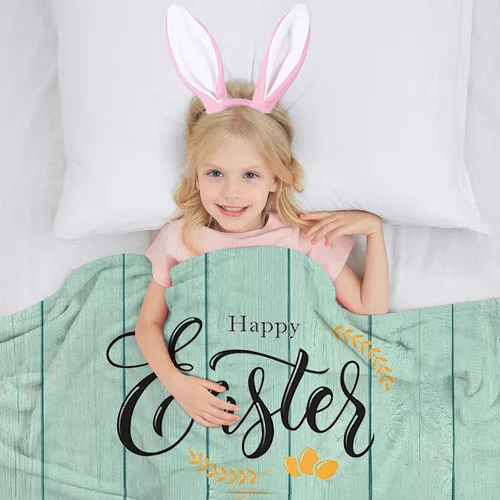Vista 2 de Manta de Pascua para niños, cálida manta de vellón de felpa de franela, manta de cama con cola de conejo, huevos de Pascua, conejo, flores