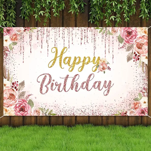 Vista 5 de Cartel floral de feliz cumpleaños para niñas y mujeres, suministros de decoración de fiesta de cumpleaños rosa y dorado, fondo de fotografía
