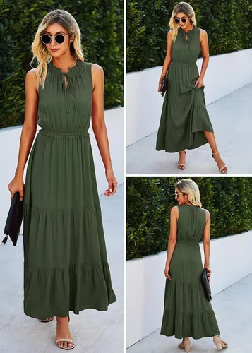 Vista 3 de KIRUNDO - Maxivestido sin mangas con lazo para atar en el cuello para mujer vestido de verano acampanado liso o con estampa floral cintura alta