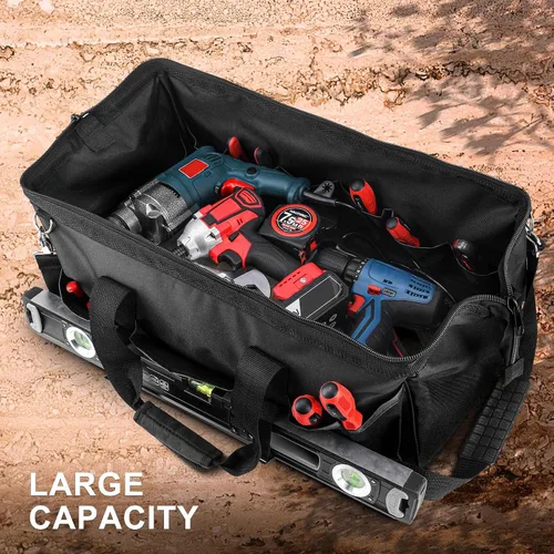 Vista 2 de HAUTMEC HT0184 - Bolsa de herramientas resistente de 24 pulgadas, bolsa de boca ancha de 21 bolsillos con marco de metal, base dura impermeable