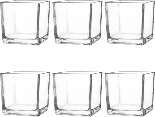 Vista 8 de Juego de 6 jarrones cuadrados de vidrio de 5 x 5 x 5 pulgadas, jarrones transparentes para centros de mesa, portavelas para eventos de fiesta