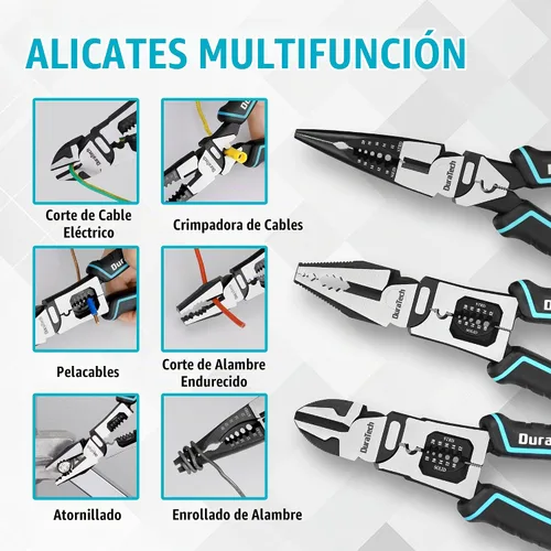 Vista 2 de DURATECH Juego de alicates de 3 piezas, grande pelacables engarzador cortador de alambre multifuncional 6 en 1, alicates de punta larga de 8.5