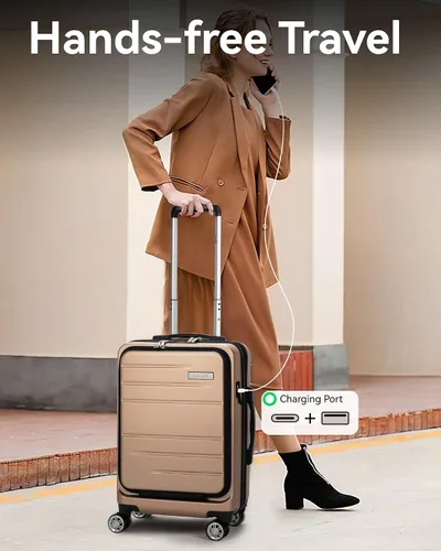 Vista 3 de LUGGEX Maleta de mano con bolsillo frontal, maleta rígida de policarbonato expandible con puerto USB, Champán, Equipaje de mano