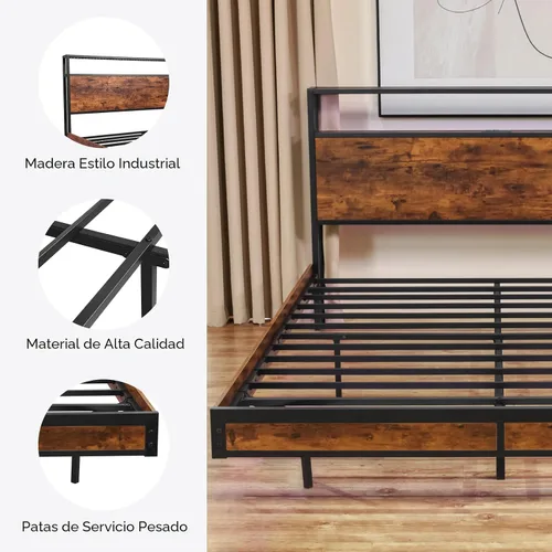 Vista 6 de BedsPick Marco de cama tamaño completo con cabecero de almacenamiento de 2 niveles, marco de cama de plataforma de metal resistente con estación