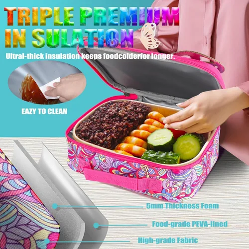 Vista 7 de Mochila con lentejuelas y alas de mariposa con bolsa de almuerzo para niñas, niños y adolescentes, juego de mochila escolar para preescolar, Rosado