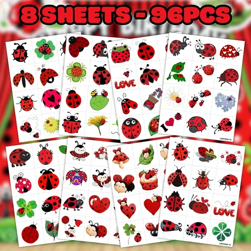 Vista 4 de 96 tatuajes temporales precortados de mariquita para niños, lindos tatuajes de insectos de Lady Beetle, recuerdos de fiesta, decoraciones