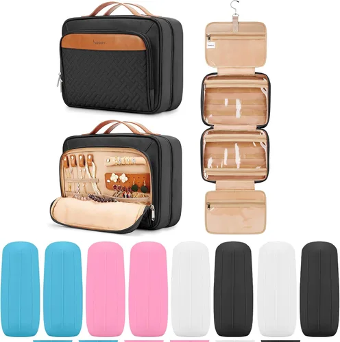 Vista 22 de Bolsa de aseo colgante de viaje para mujeres y hombres, con 6 cubiertas de botellas de silicona a prueba de fugas, accesorios impermeables