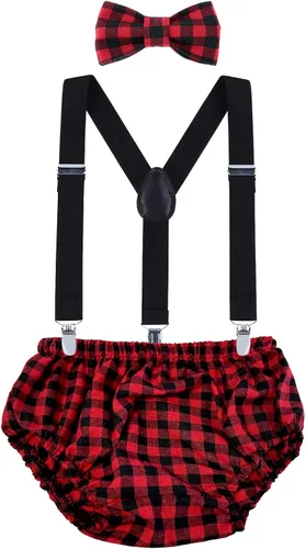 Vista 14 de AWAYTR Conjunto de bombones para bebé niño con tirantes y pajarita para fiesta de primer cumpleaños Beige
